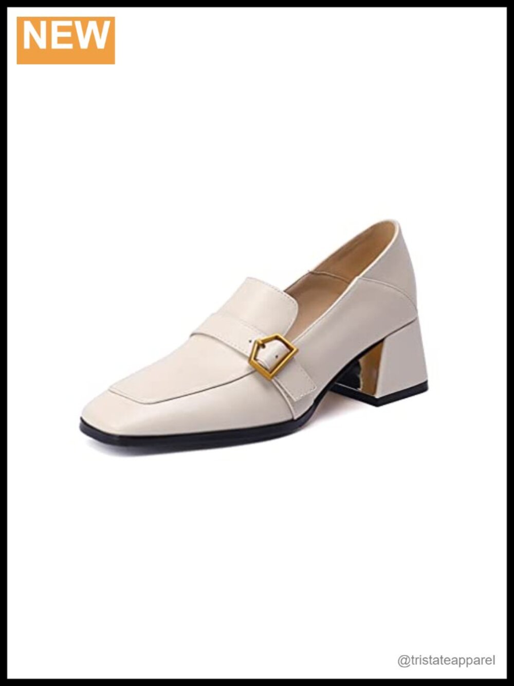 Genuine Leather Handmade Square Toe Chunky Heel Slip On Pumps with Buckle